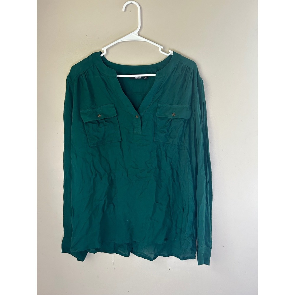 a.n.a Green Long Sleeve V-Neck Top Blouse with Pockets Womens XL Classic